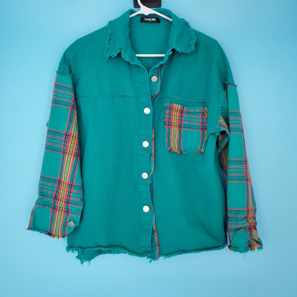 Chicme Jacket Size Small Green Frayed Hem Patchwork